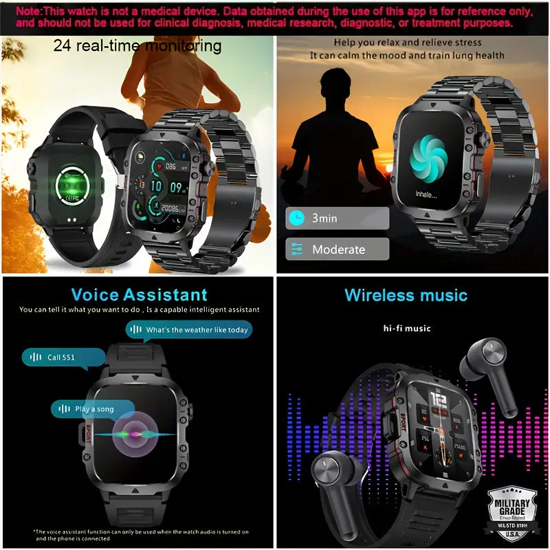 NEW RUGGED SMART WATCH MEN WIRELESS CALL IP68 WATERPROOF SPORT FITNESS AI VOICE OUTDOOR 100+ SPORTS MODE