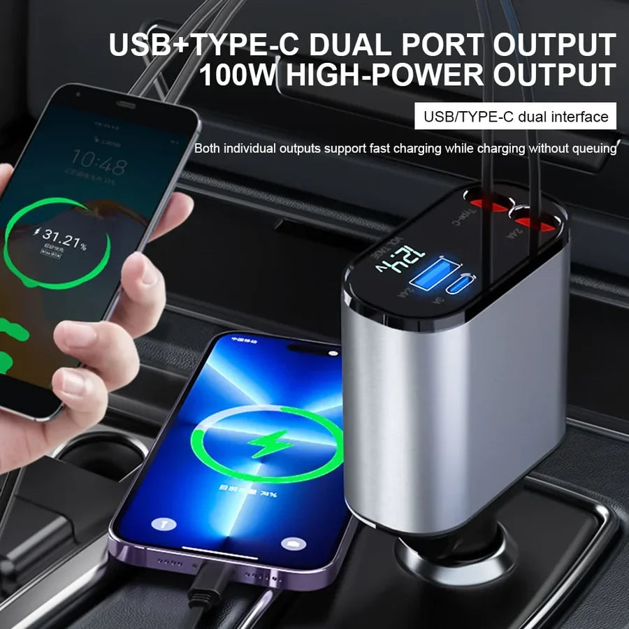 Fast Charge Retractable Car Charger ( iPhone & Android)